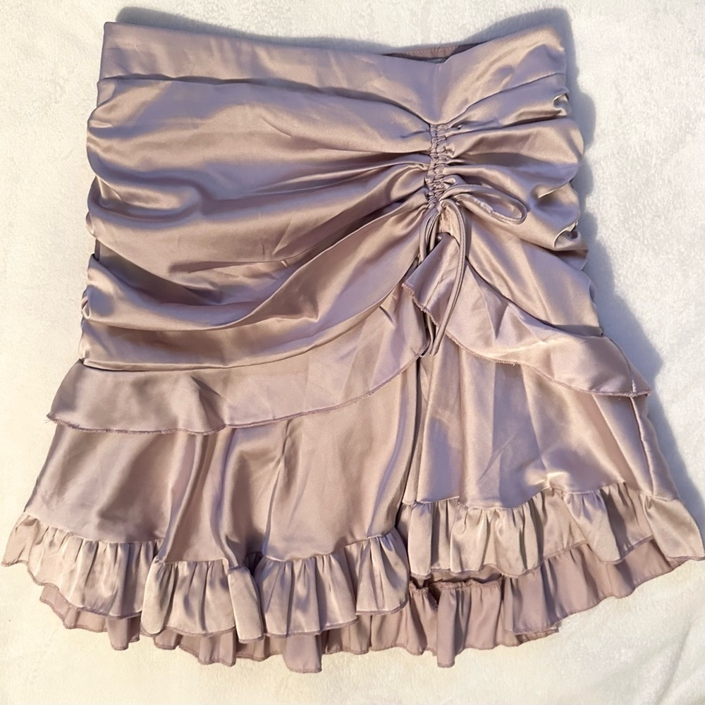 Europa The Label Ruffled Layered Ruched Satin Mini Flare Skirt S Lavender Pink